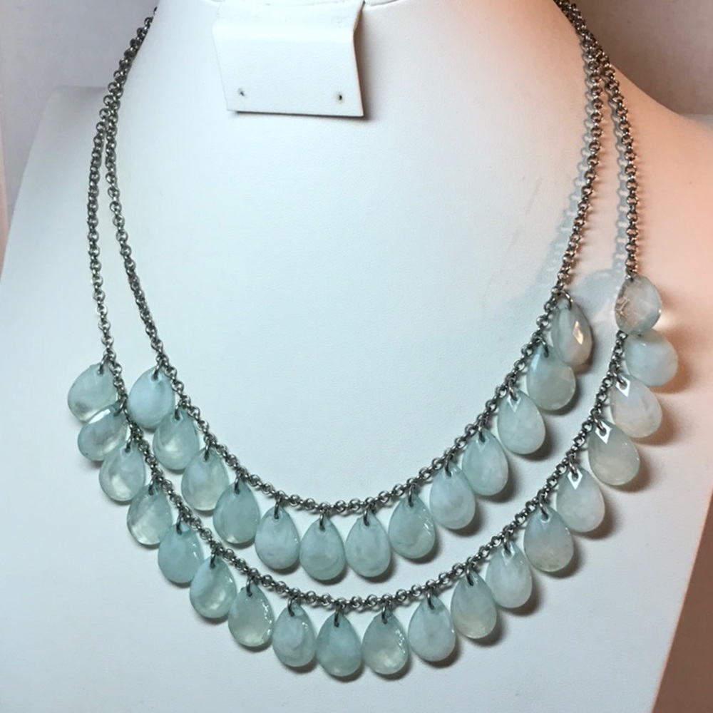 Light blue acrylic bead necklace/ silver tone/ double chains, 16 in length